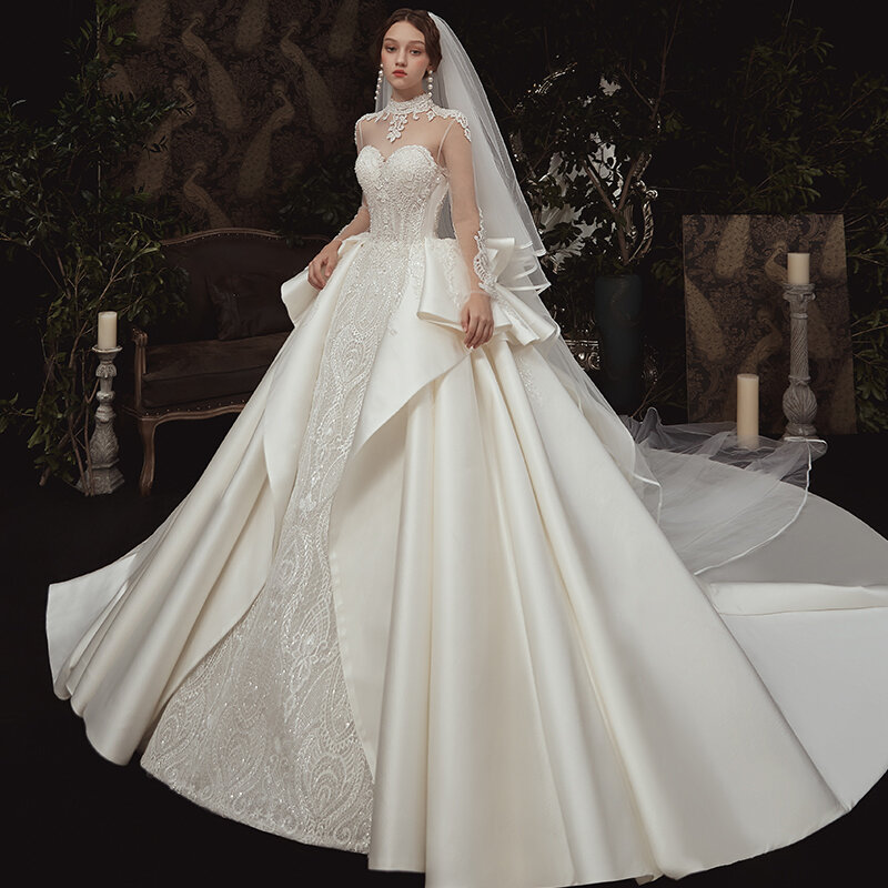Gaun Pengantin Gaun Pengantin Putih Satin Katedral Fashion Kristal Mewah Gaun Pengantin Gaun Hamil Gaun Pengantin