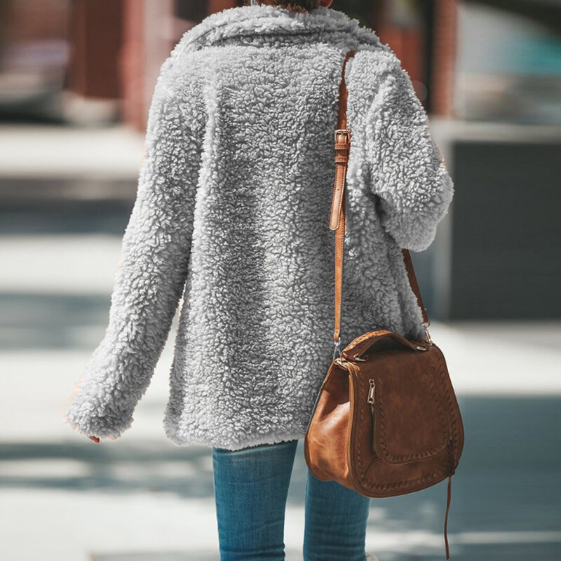 Женское плюшевое теплое пальто с длинным рукавом, открытый теплый кардиган спереди, куртка, уличный женский кардиган, модная однотонная женская верхняя одежда