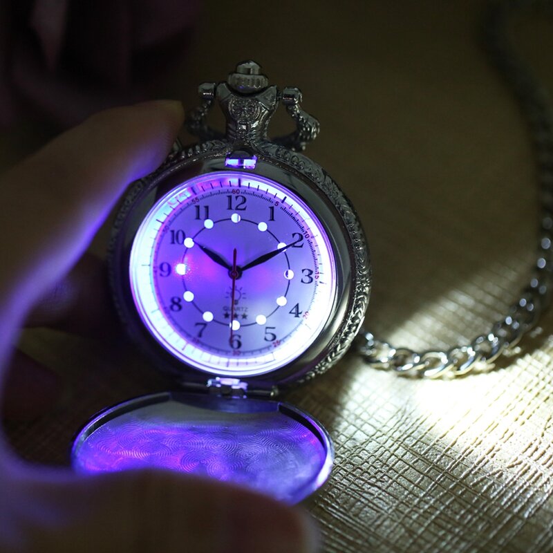 Reloj de bolsillo de cuarzo con Flash LED noctilucente, reloj único de bronce/plata/oro, motor de locomotora de tren, FOB, cadena luminosa, hora, reloj de lujo
