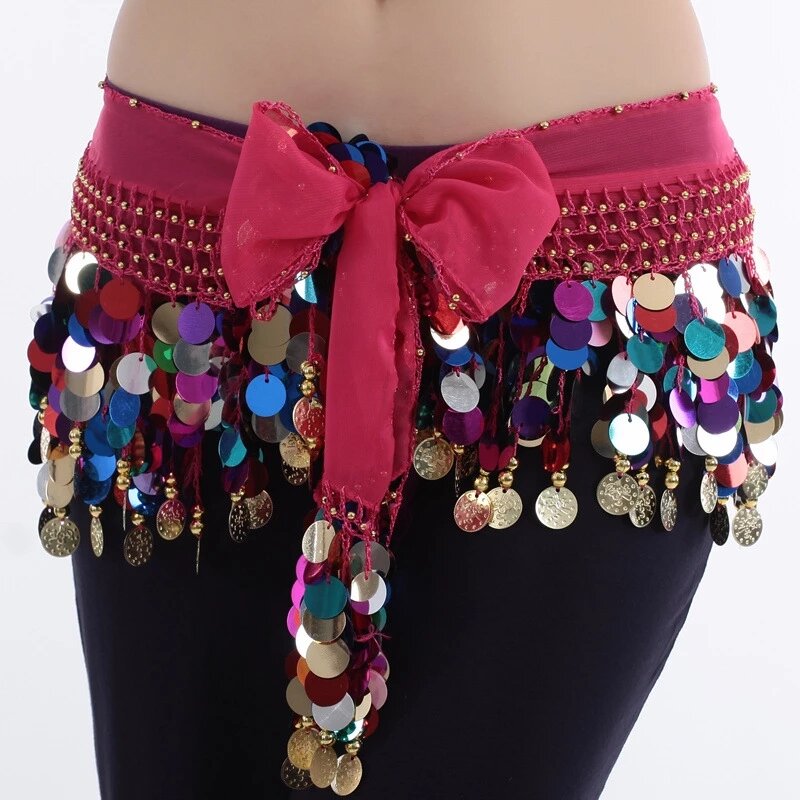 Vêtements de danse du ventre en mousseline de soie pour femmes, ceinture de danse indienne, chaîne à la taille, écharpe à paillettes, pour filles, 8 couleurs