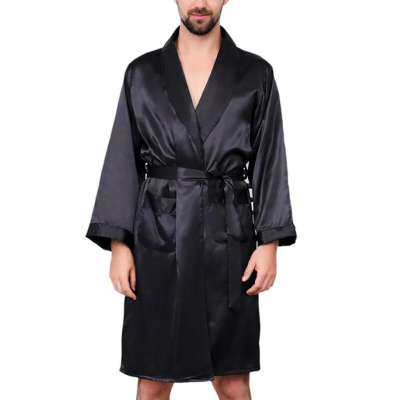 Sommer Männer Robe Imitation Seide mit Taschen Taille Gürtel Bad Robe Hause Kleid Nachtwäsche
