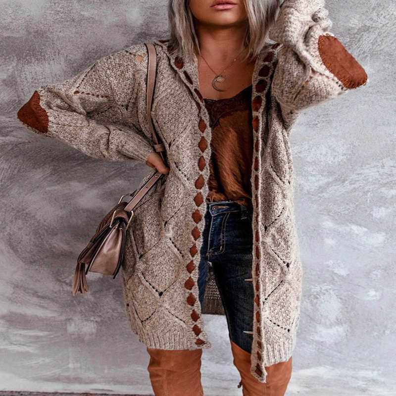 Sweter Wanita Akrilik Musim Semi Musim Gugur Kardigan Lengan Panjang Bertudung Sweter Streetwear Mode Solid Perca Longgar Rajutan