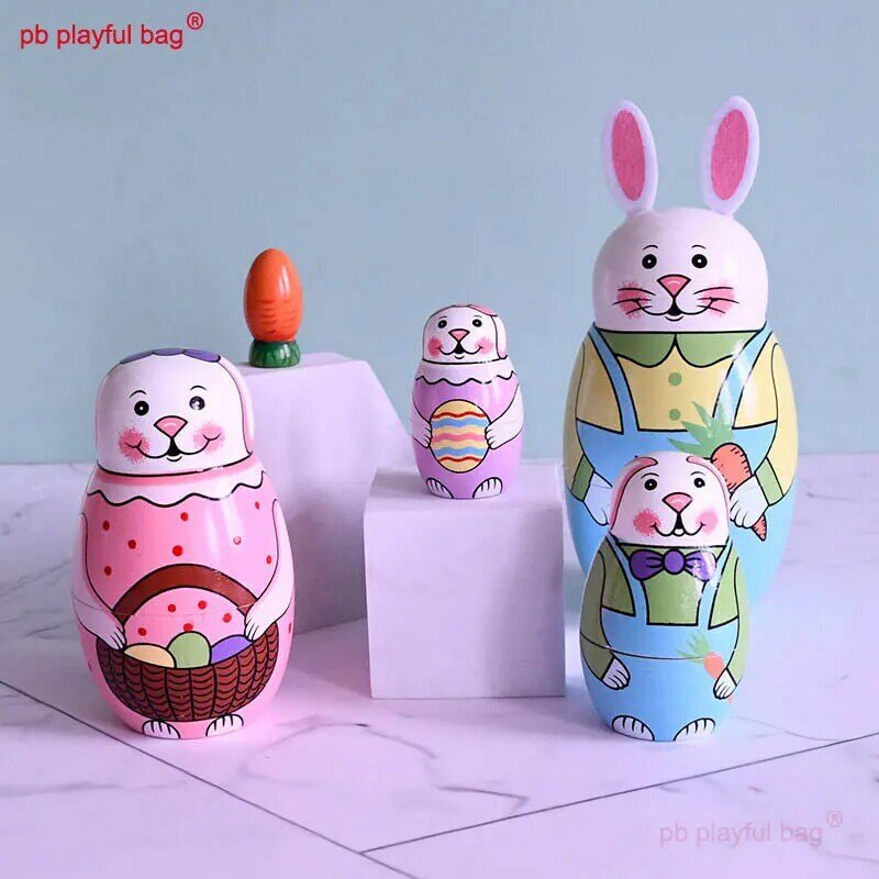 PB Playful Bag Five layer cartoon rabbit animal Russian Doll Wooden home decoration crafts Children's fun toys gift HG187