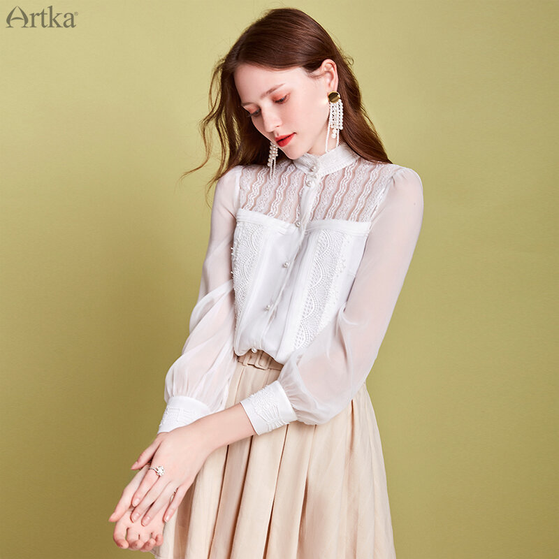 ARTKA – chemisier blanc en mousseline de soie, à manches longues, col montant, élégant, nouvelle collection printemps été 2020, SA20307C