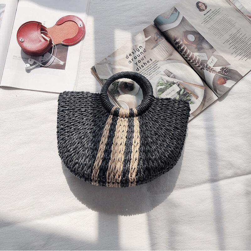 Bolso de paja de media luna para mujer, bolsa de playa de verano, hecho a mano, tejido Vintage