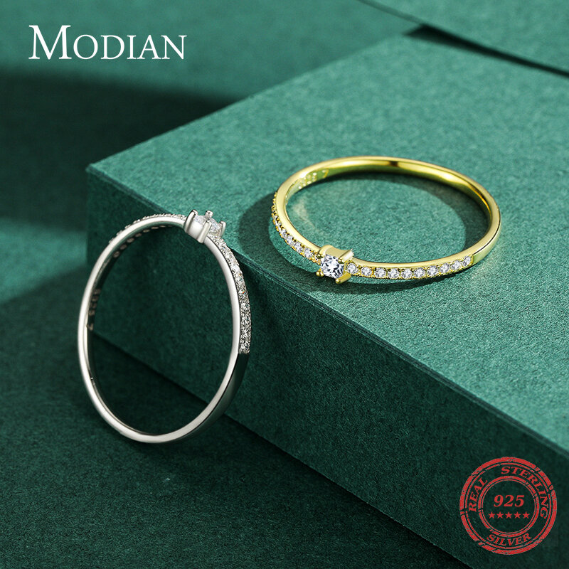 Modian-Real 925 Sterling Silver Simples Anéis Quadrados de Dedos para Mulheres, Clear CZ Charme, Cor Dourada, Jóias de Noivado de Casamento, 2021