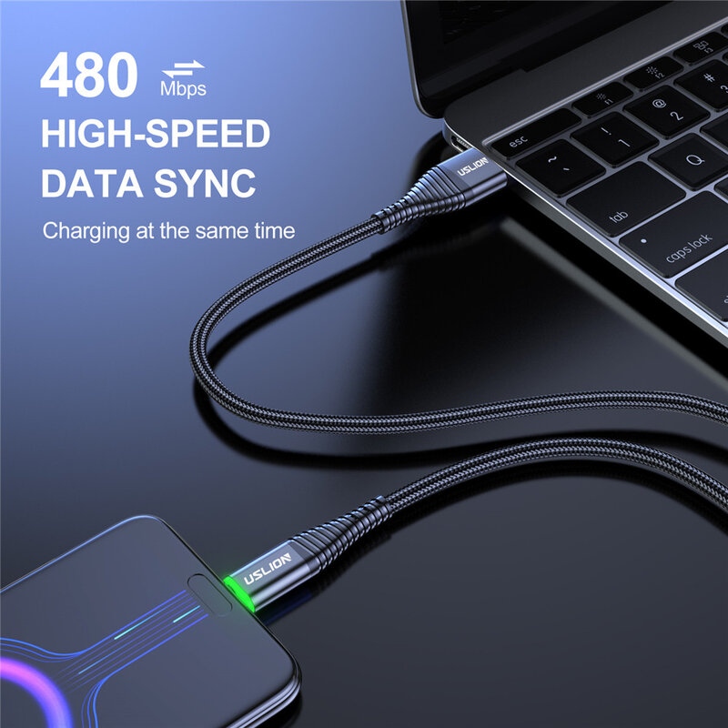 USLION LED 3A typ C kabel Micro USB szybki przewód ładujący do Samsung S23 Xiaomi telefon komórkowy ładowanie USB typ C kable ładujące