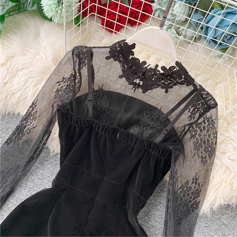 Two Set Autumn Long Sleeve Lace Embroidery Shirt Women Double Breasted Playsuits Slim Velvet Jumpsuits Female Bodysuit Suit 2056