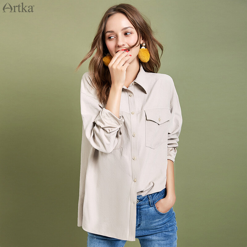 Artka 2020 primavera novas blusas femininas cor pura turn-down colarinho camisa minimalista solto casual manga comprida blusas femininas sa10394q