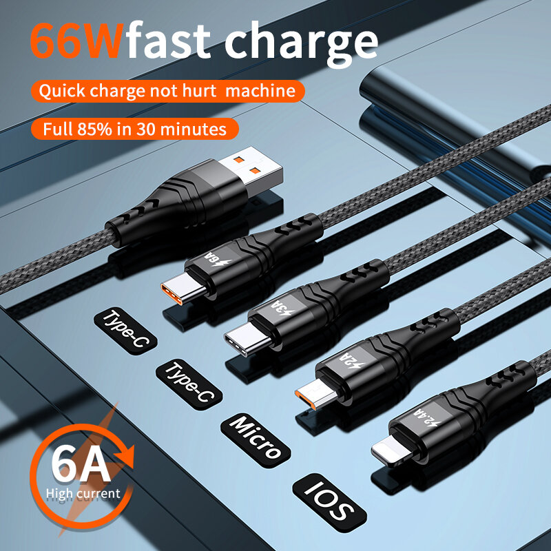 4in1 USB Kabel Für iPhone 13 12 11 6A 66W Daten Kabel Micro USB C kabel Für Xiaomi Samsung OPPO Huawei Schnelle Ladekabel