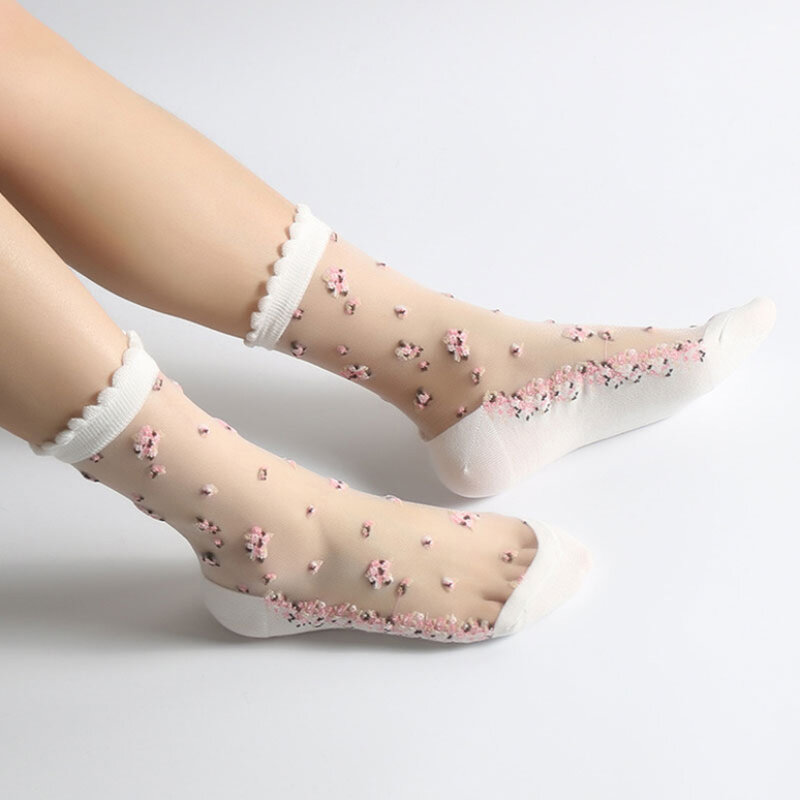 1 par das mulheres verão meia fina transparente floral cristal meias para meninas engraçado senhoras harajuku moda respirável curto meias