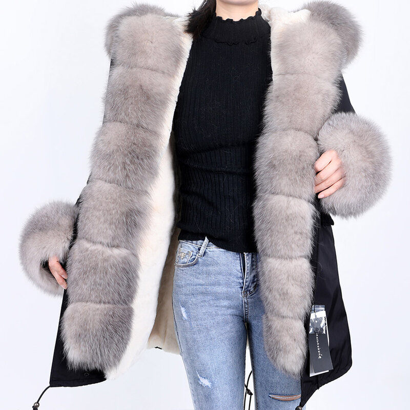 Maomaokong – veste en cuir avec col en vraie fourrure de renard naturelle pour femme, manteau Long rembourré, vêtement d'hiver