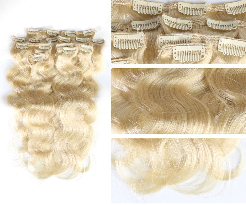 Volledige Hoofd Braziliaanse Machine Gemaakt Remy Haar #60 Blond 12 "-24" Body Wave Clip In Human hair Extensions