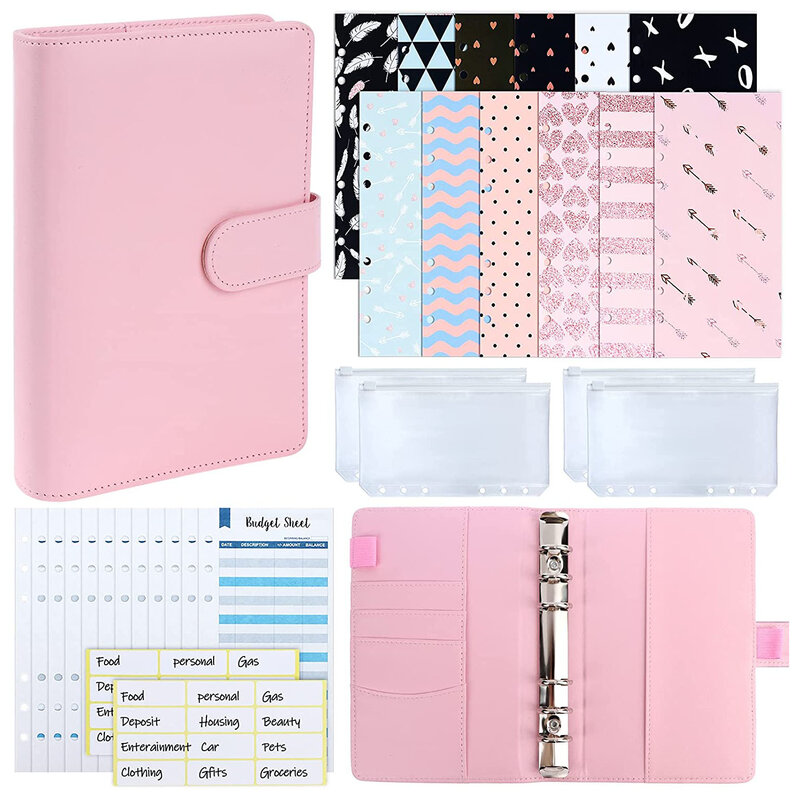 A6 Binder Budget Notebook Cash Envelope System Organizer with Budget Money Envelopes, Expense Budget Sheets and Zipper Pockets