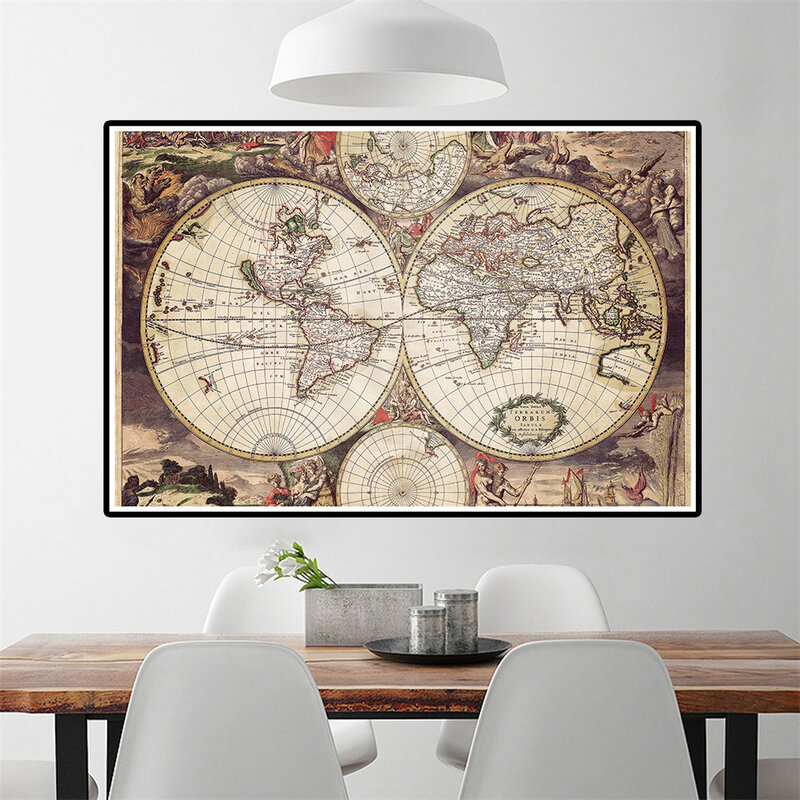 Pintura en lienzo Vintage del mapa del mundo, póster de arte latino Medieval, decoración del hogar, suministros escolares, 150x100cm