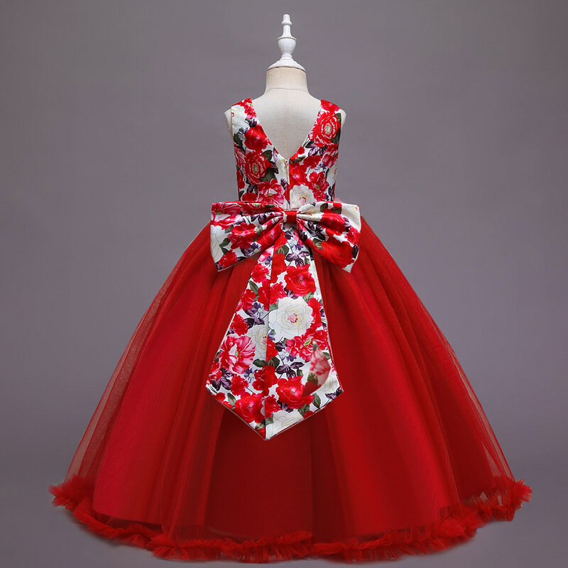 유럽 스타일 로즈 패턴 빅 소녀 웨딩 드레스 귀여운 어린이 파티 드레스 10 년 오래 된 빨간 드레스 여자 생일