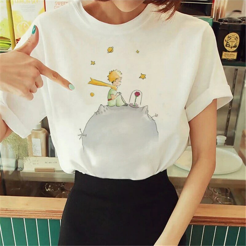 Camiseta gráfica do Pequeno Príncipe feminina, camiseta de manga curta, camisa vouge, gola O, quente, primavera, verão
