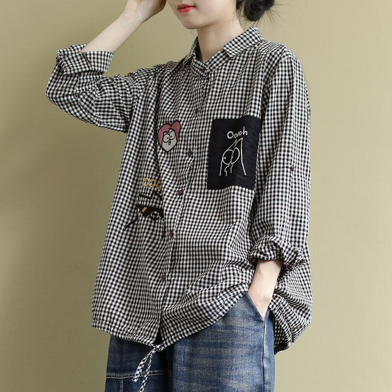 Blusa de manga larga holgada para mujer, camisa informal a cuadros con cuello vuelto, estilo artístico, Primavera, S611, 2020
