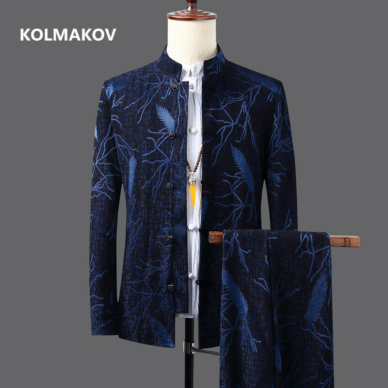 (jacket+ trousers)2023 autumn Chinese style men jackets print suits men's casual fashion jacket and trousers men full size M-5XL