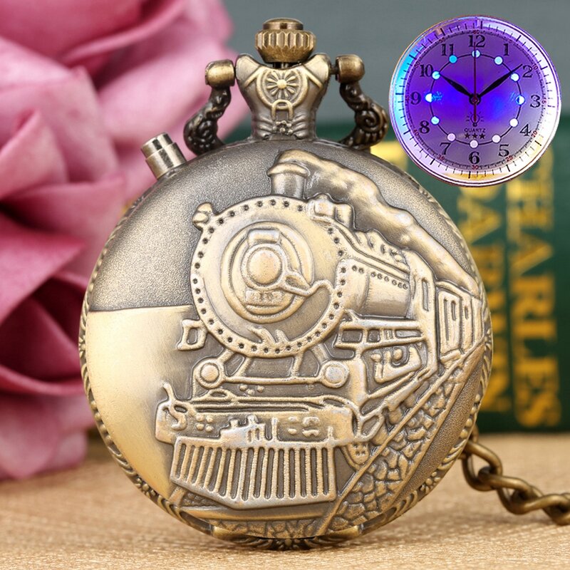 Noctilucent LED Flash Quartz relógio de bolso, original, bronze, prata, ouro, trem, locomotiva, corrente luminosa, hora, luxo relógio