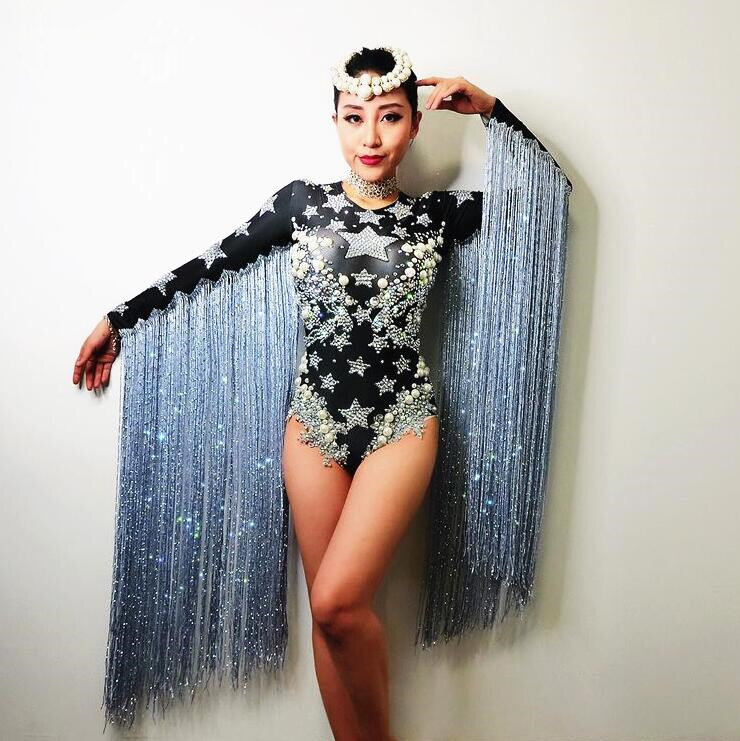 Cinza borla cristais estrelas bodysuit feminino dança palco franjas collant nightclub festa feminino cantor traje celebrar roupa