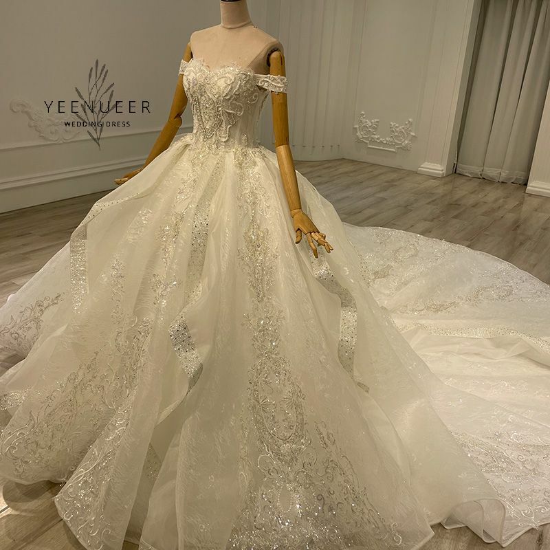 2022 new hot sale Long Train Sequined Lace Wedding dress luxury full beading Bridal Dress Real Work High Quality