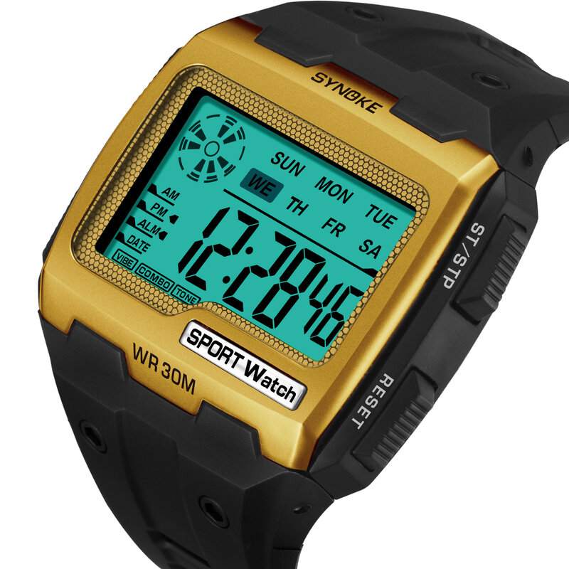 SYNOKE Men Digital Watches New Arrival Big Square Dial Alarm Week Waterproof Chronograph Multi-function Sport Watch Relojes