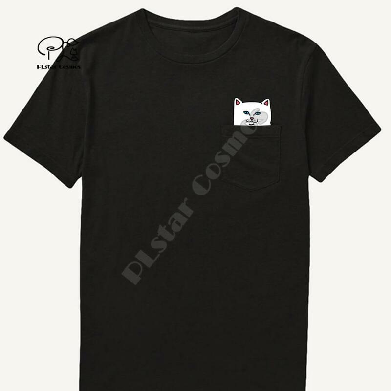 Мужская футболка, модная брендовая новая футболка с карманами и мультяшным принтом кота, мужские Рубашки, Топы в стиле хип-хоп, Забавные футболки в стиле Харадзюку 2