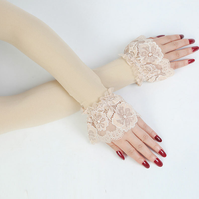1 Pair Elastic Sleeve Driving Gloves Long Fingerless Ice Silk Lace Arm Sleeve Mittens Covered Summer Sunscreen Lace Gloves Women