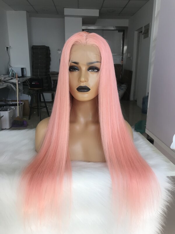 QueenKing hair Full Lace Human hair Wig 130% Density Pink Silky Straight Hair 100% Brazilian Human Remy Hair