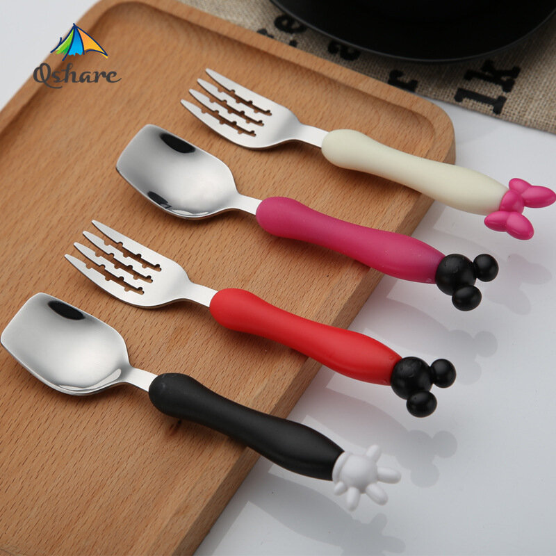 Qshare 4 pz/set utensile per bambini Set di stoviglie per bambini forchetta per cucchiaio in acciaio inossidabile per neonati Mickey Cartoon posate cucchiaio per l'alimentazione dei bambini