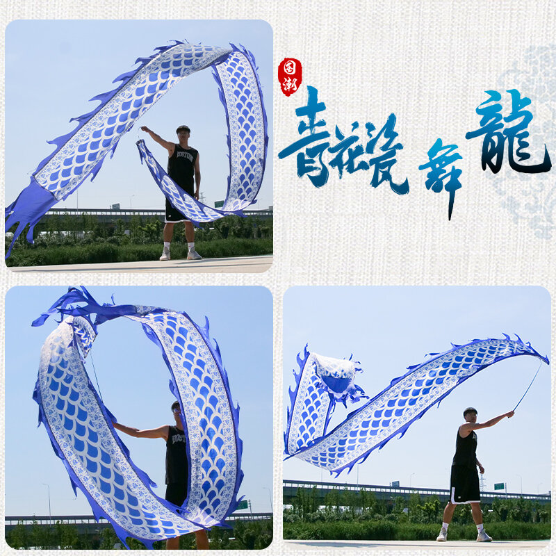 Produk Tari Naga Porselen Biru Putih Yang Dapat Dicuci untuk Satu Orang Hadiah Festival Naga Kebugaran Persegi Mainan Alat Peraga Tari Pita