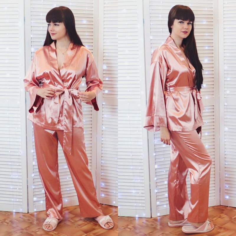 HiLoc 홈 여성용 잠옷 느슨한 플레어 바지 슬리브 새틴 가운 세트 목욕 가운 홈 착용 패션 2021