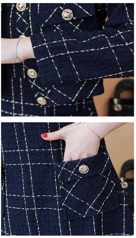 Conjunto elegante de 2 piezas de Corea para mujer, chaqueta de manga larga con solapa de Tweed a cuadros + vestido Retro sin mangas a la moda, 2022