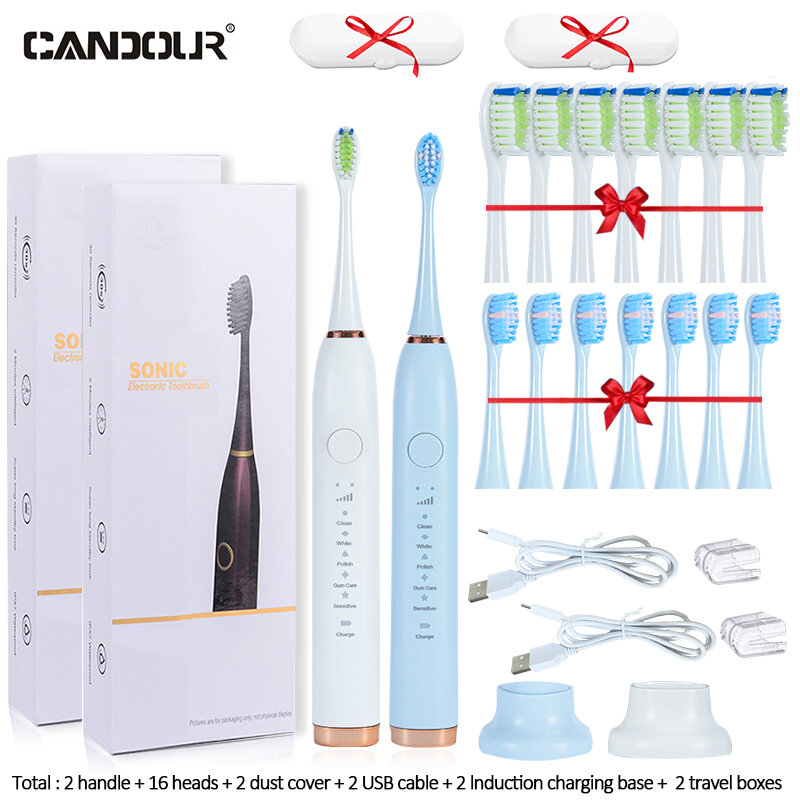 CANDOUR – brosse à dents électrique CD5138, Rechargeable par USB, brosse à dents sonique pour adulte, tête de brosse de remplacement avec 16 têtes de brosse