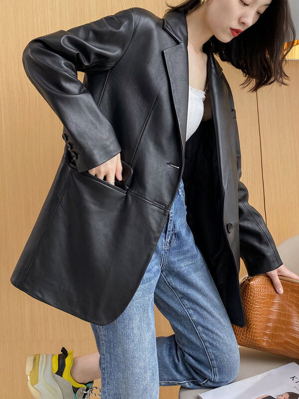 Yunsue-女性の本革のジャケット,シープスキンのコート,刺eta,ルーズフィット,ラージサイズ,2021
