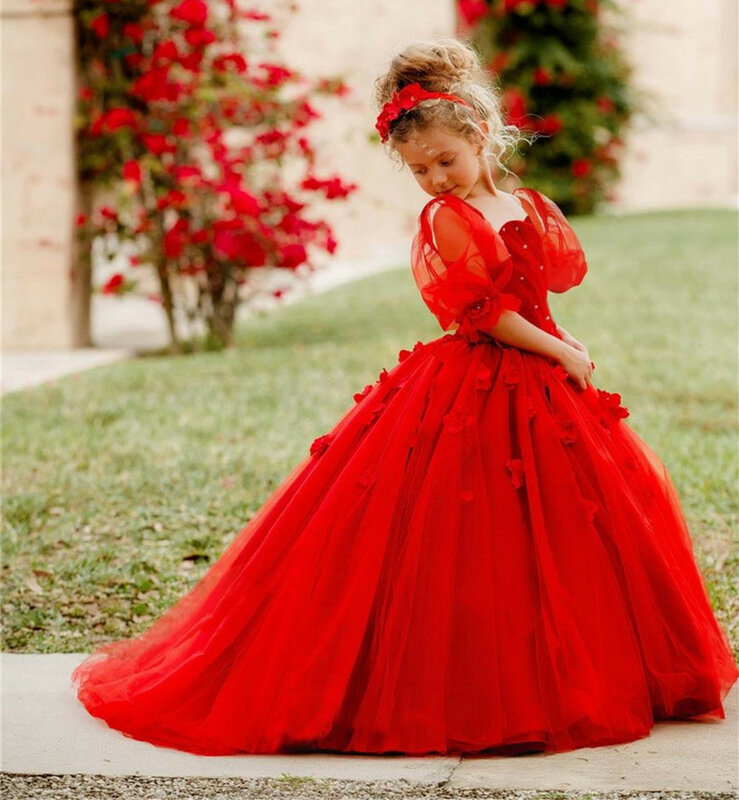 Red Tulle Flower Girls' Dresses for Wedding Party Birthday Gowns Half Sleeves Beaded 3D-Applique Pageant Special Banquet Wear