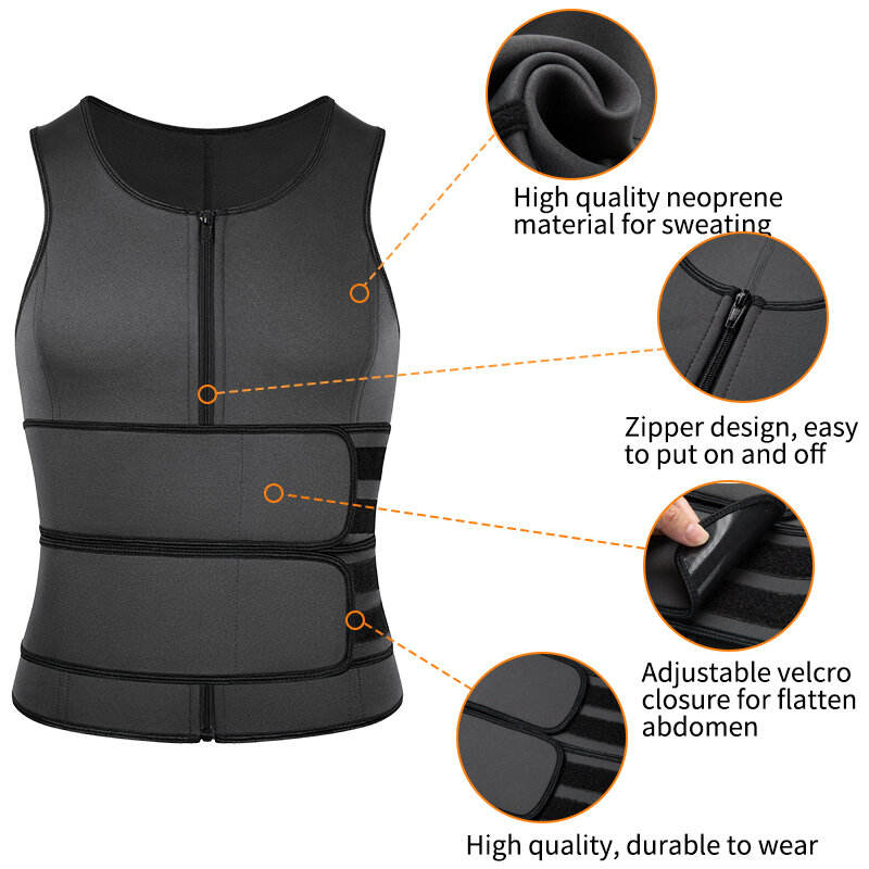 Neopreen Zweet Vest Voor Mannen Taille Trainer Vest Verstelbare Workout Body Shaper Met Dubbele Rits Voor Sauna Pak Voor Mannen
