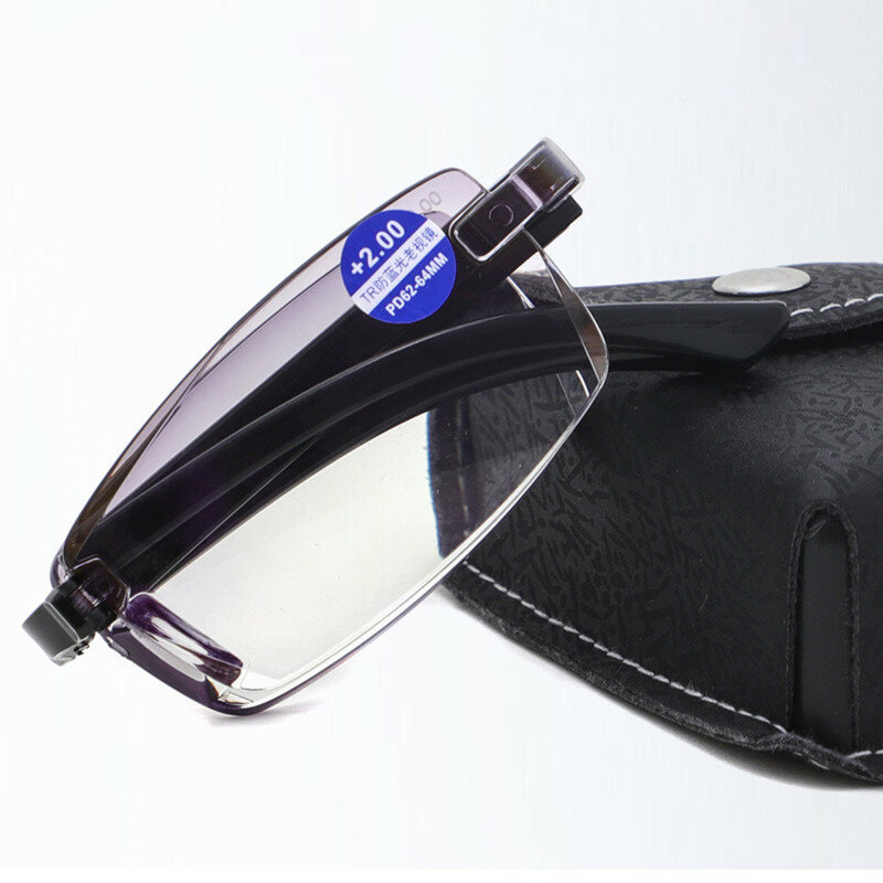 Óculos de zoom inteligente dobrável diamante borda de corte anti-azul óculos de leitura masculino sem moldura tr90 óculos de leitura caixa portátil