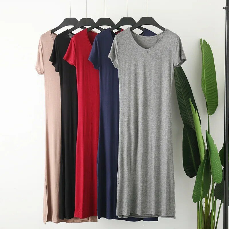 Casual V Neck Ladies Nightshirt New Modal Summer Short Sleeve Night Dress Lounge Home Wear Nightgowns For Women Long Dresses