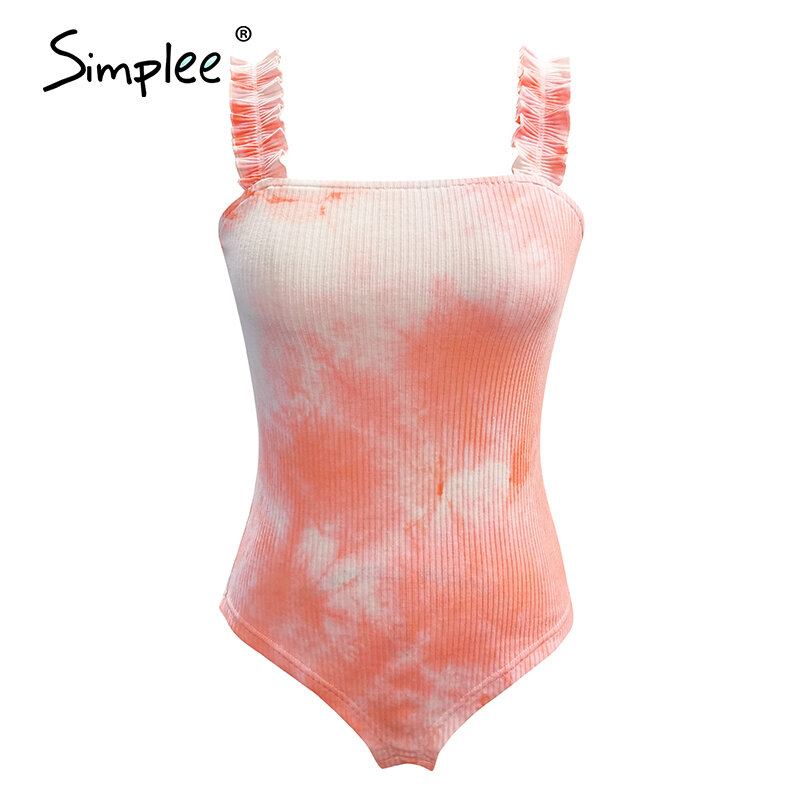 Simplee Sexy sleeveless kintted bodysuits Pink ruffled print tanks romper autumn 2020 square-collar fashion  Bodycon bodysuits