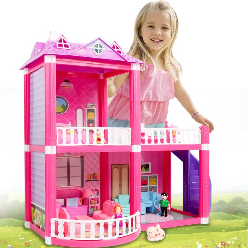 아기 DIY 인형 집 장난감 핑크 조립 공주 빌라 수제 건설 카사 미니어처 가구 인형 집 어린이 선물
