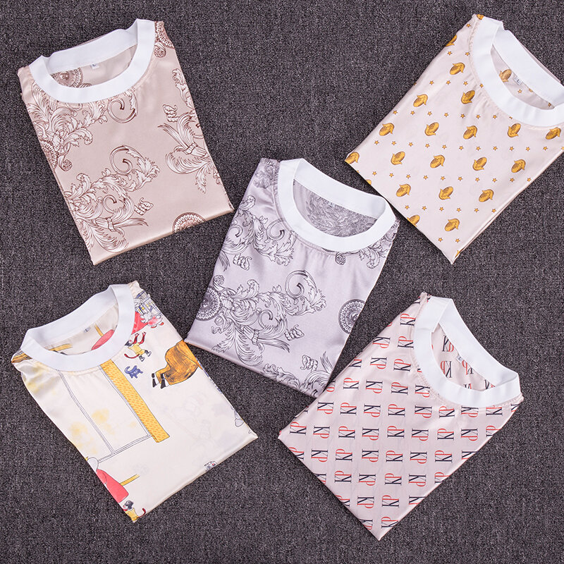 Spring Summer Autumn Men Satin Silk Pyjamas Sets of T-shirt & Shorts Male Pijama Sleepwear Leisure Home Clothing