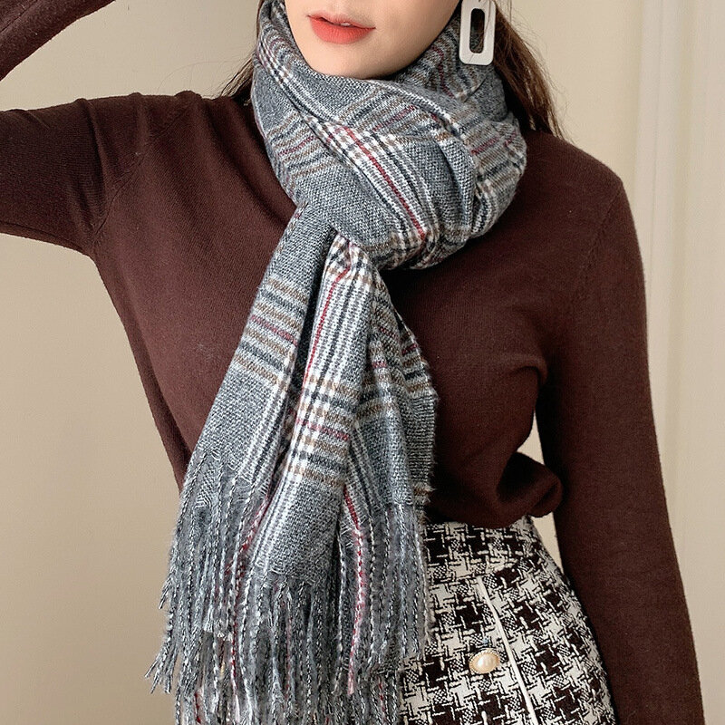 Новое поступление кашемировый клетчатый шарф для женщин на осень и зиму мягкий и теплый полосатый клетчатый шарф с бахромой для женщин