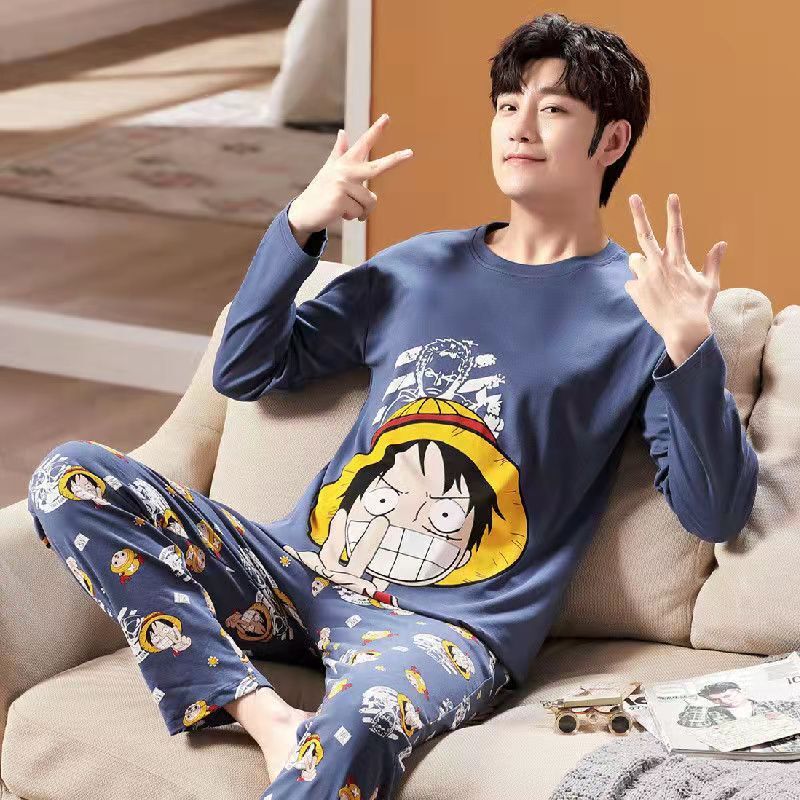 Celana Piyama Pria Anime Jepang Dua Potong Pakaian Rumah Musim Gugur Pakaian Tidur Lengan Panjang Kartun Pijama Kasual Pakaian Tidur Santai