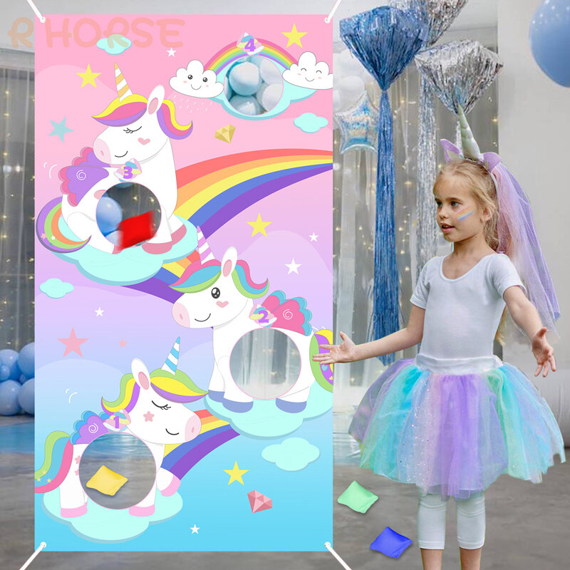 Pancarta de unicornio arcoíris para niños, juego de lanzamiento de fiesta, bolsa de frijol para interiores y exteriores, juguete, regalos de cumpleaños, suministros de decoración