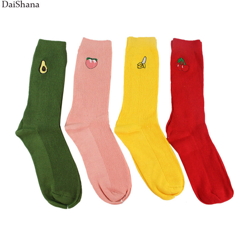 1 пара, женские носки, носки с мультяшной вышивкой, с фруктами, авокадо, корейские и японские милые длинные носки, забавные теплые носки для девочек