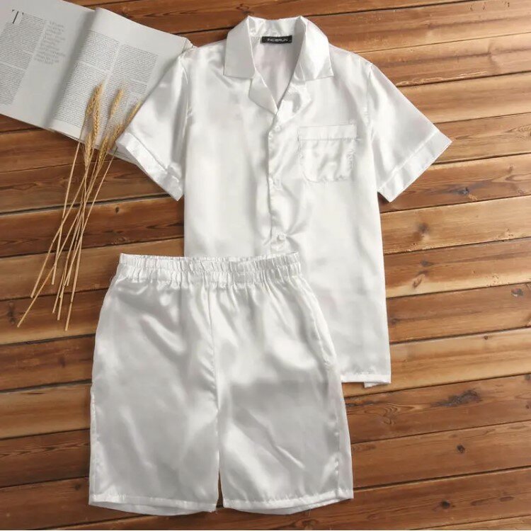 男性時装夏 2 個パジャマスーツセットサテンシルク半袖パジャマナイトウェアホームウェアトップス + パンツ