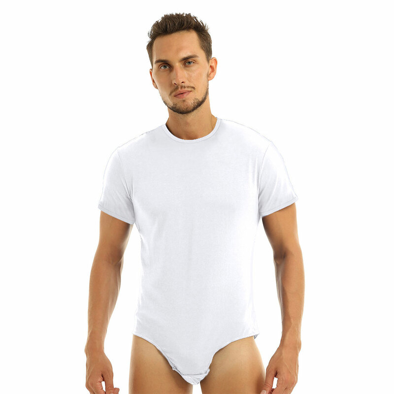 Men Adult Press Crotch T-shirt Bodysuit Sexy Lingerie One Piece Round Neck Short Sleeves Romper Pajamas Underwear Men's Clothing