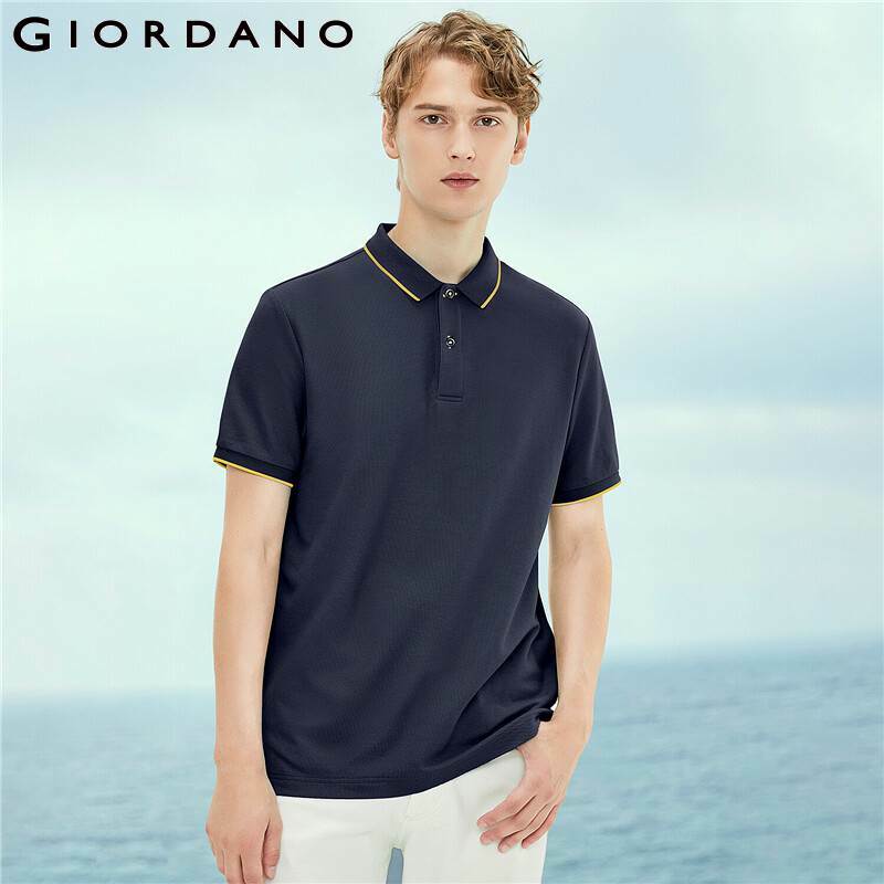 Giordano-Camisa polo masculina de manga curta, estrutura de malha, gola plana com nervuras, contraste, cauasual, gorjeta, 01011425